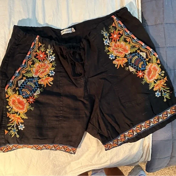 JOHNNY WAS- Boho Embroidered Black Women Drawstring Shorts.    SZ M - Picture 2 of 7